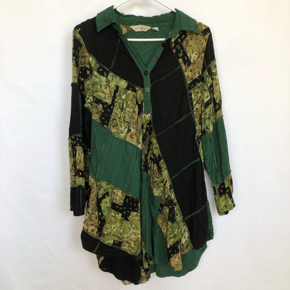 Lyng Green Tie Dye Leaf Lagenlook Rayon Artsy Dress V Neck Women’s Sz S/M.